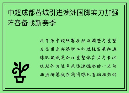 中超成都蓉城引进澳洲国脚实力加强阵容备战新赛季